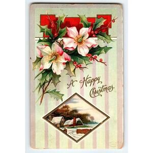 Vintage 1909 Embossed Christmas Postcard with Winter Scene & Poinsettias